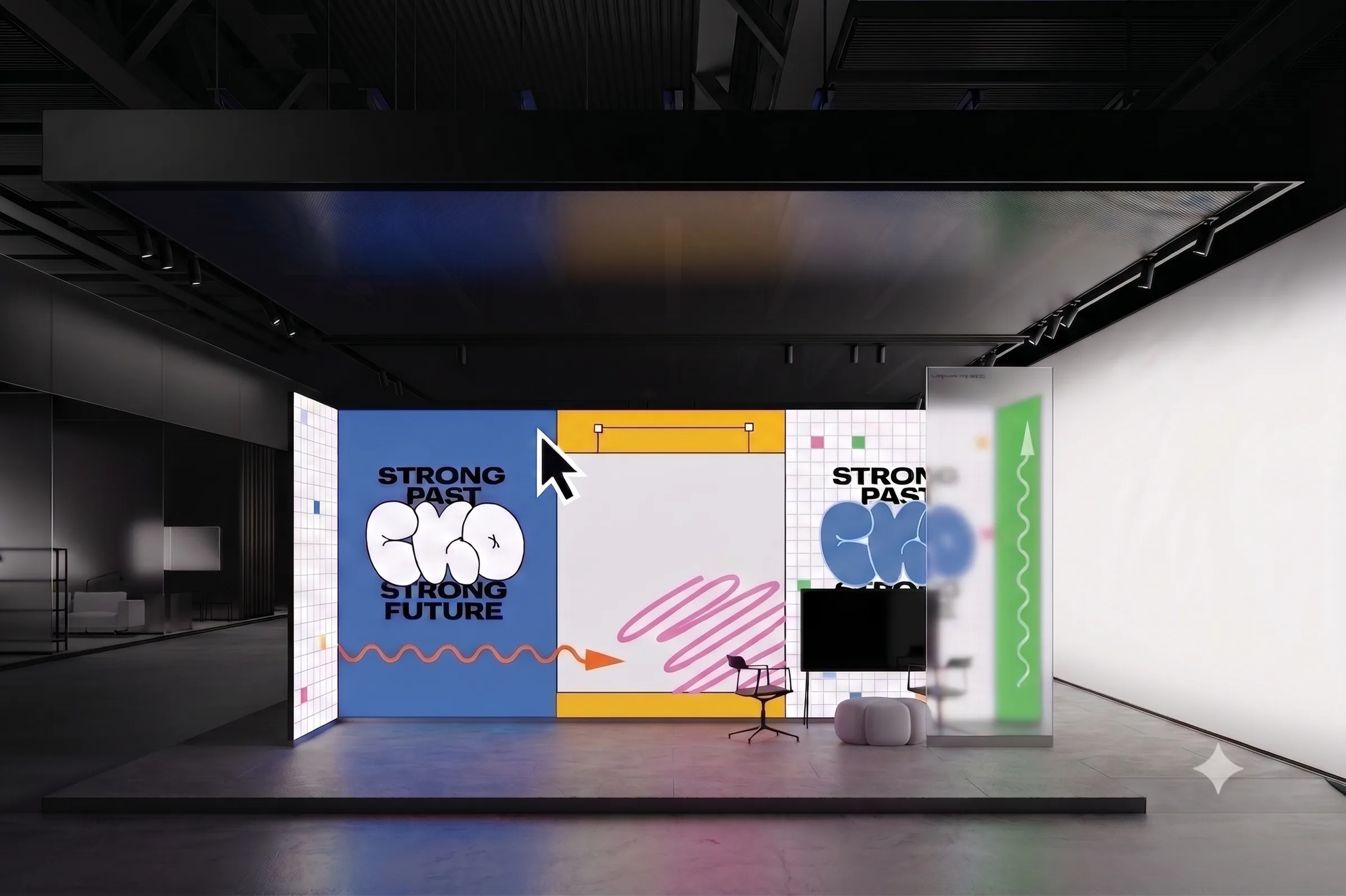 A CKO booth in a dark hall: panels in blue, yellow and a white grid with the CKO logo, squiggly arrows and a cursor graphic.
