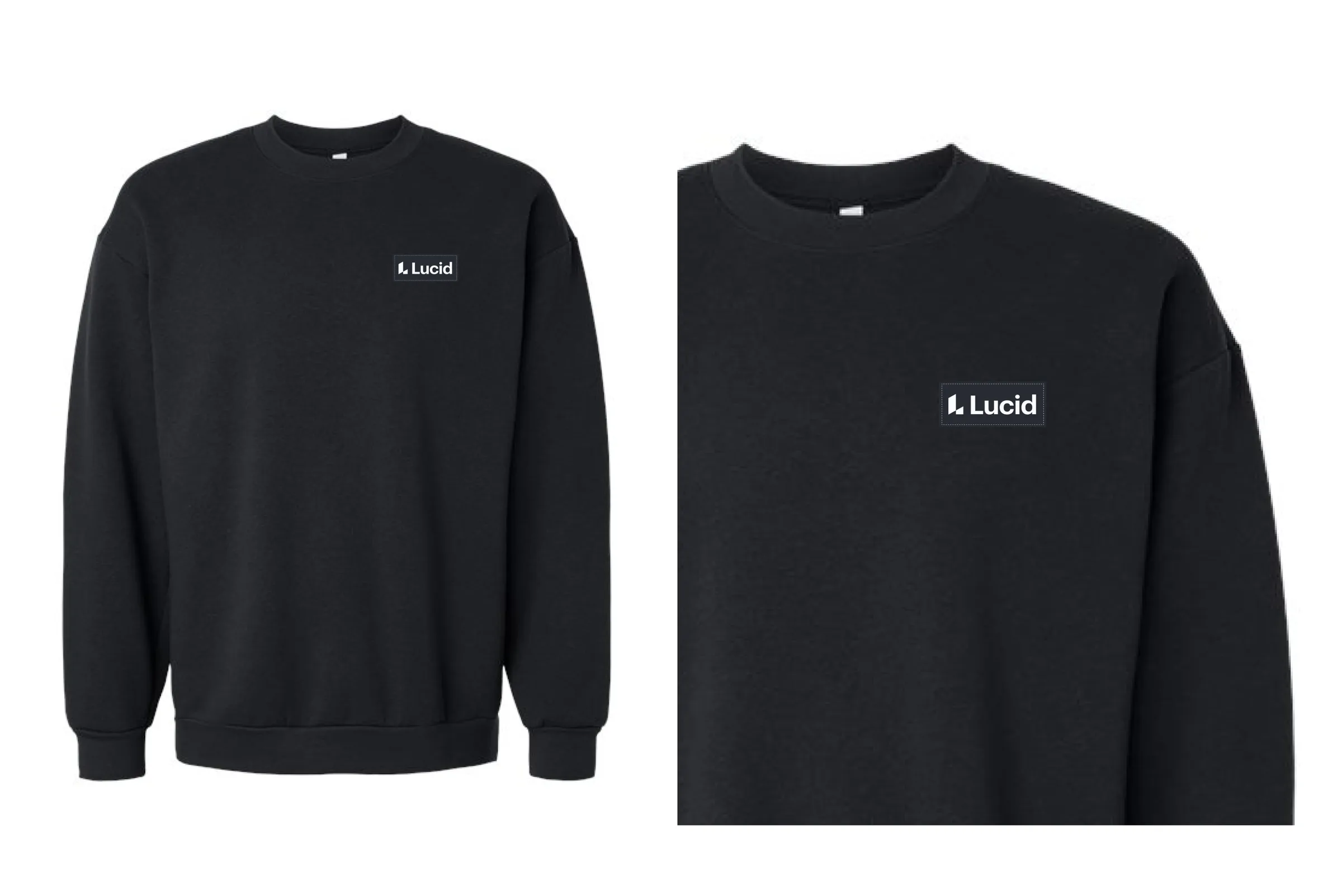 A black crewneck sweatshirt with a small Lucid patch on the chest, shown whole and in close-up.
