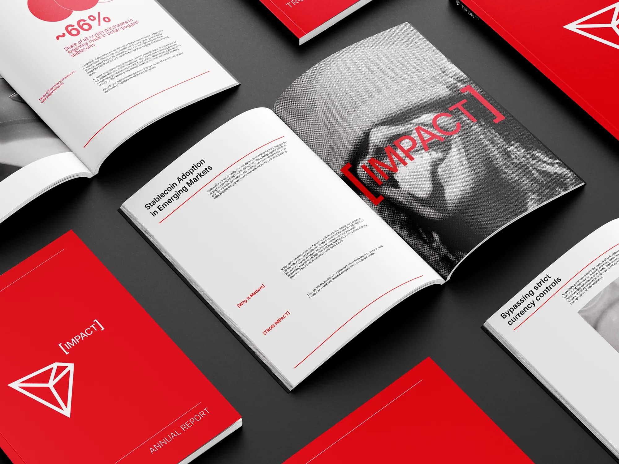 Open spreads of the annual report with portraits, large statistics and red covers around them.