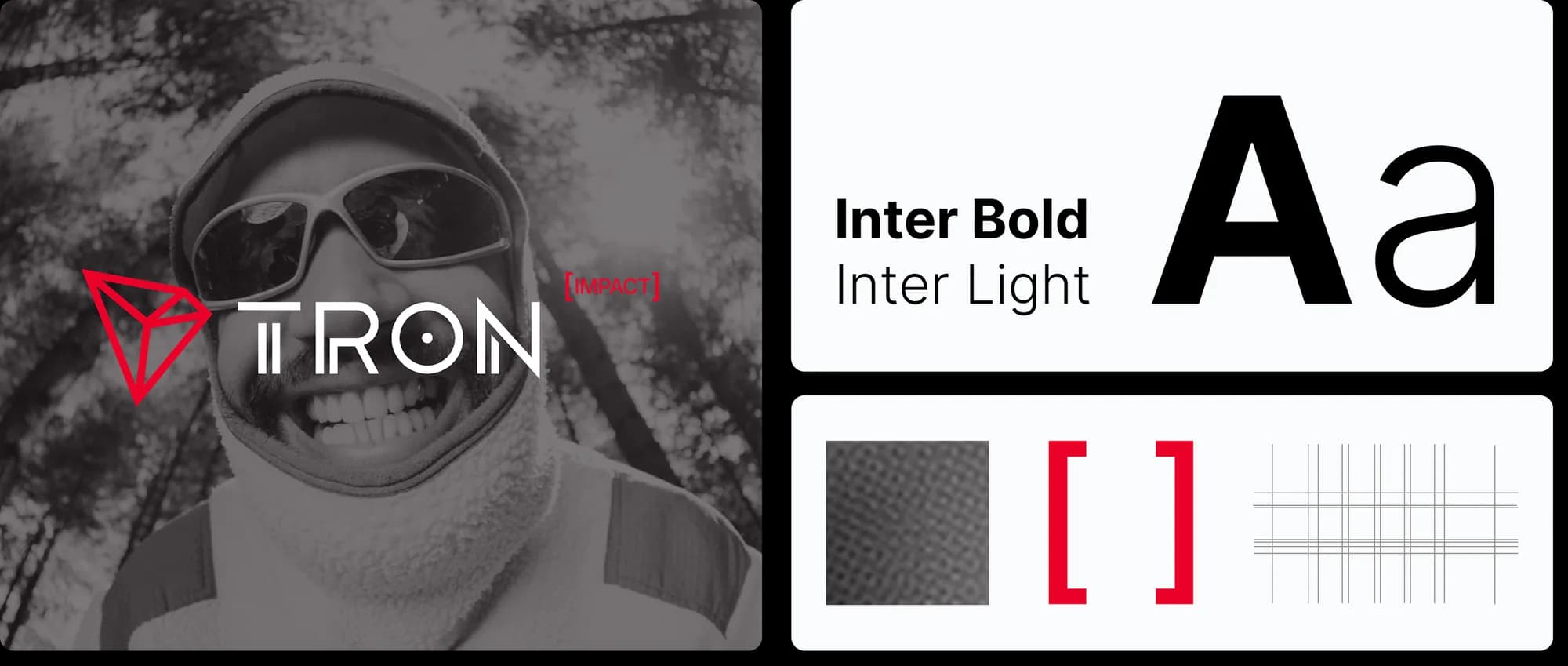 The TRON IMPACT system: a desaturated portrait with the logo, Inter Bold and Light type specimens, a halftone texture, red brackets and the logo-derived grid.
