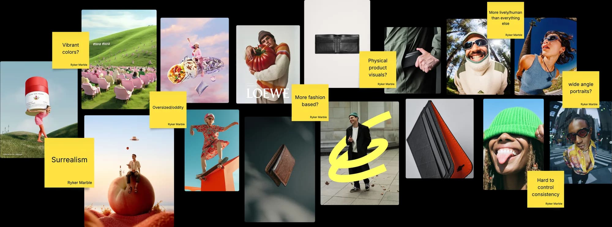 A photo direction board: surreal, colorful explorations on the left and wide-angle portraits with notes on the right.