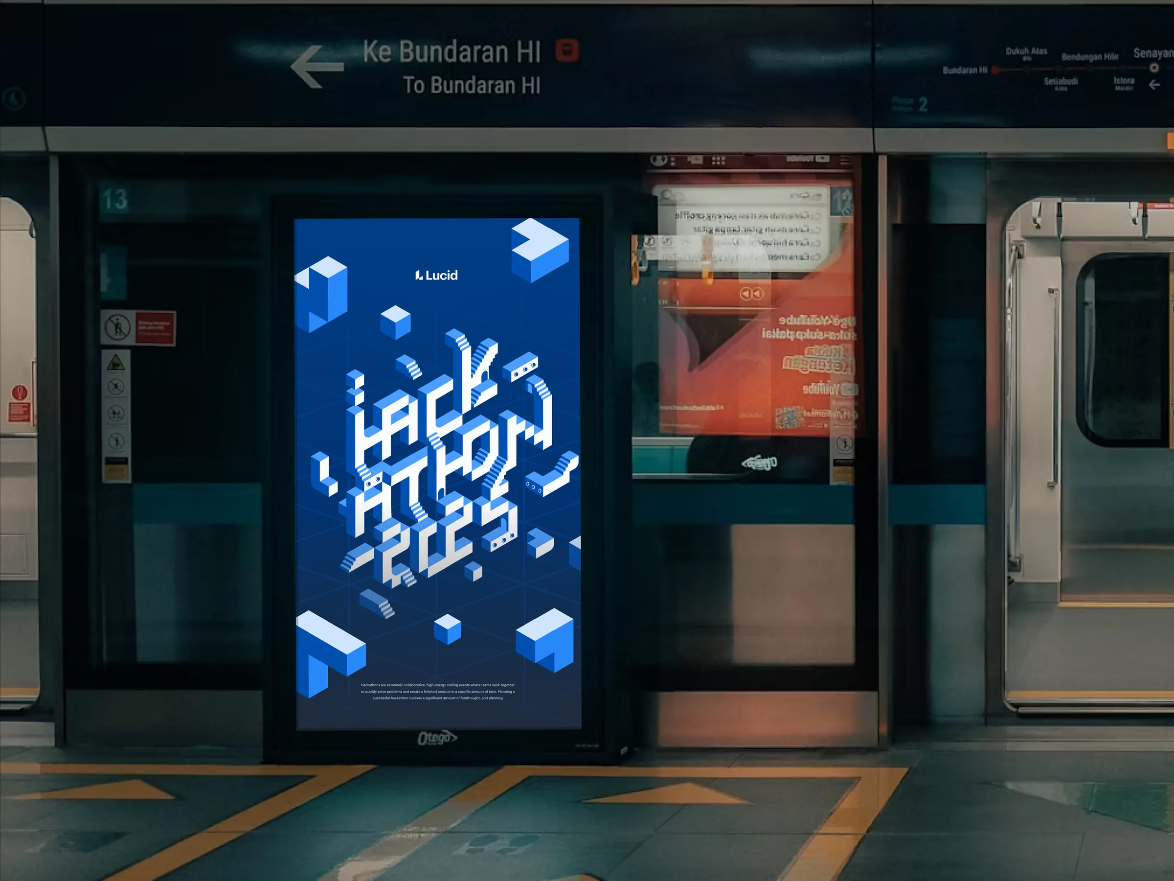 The Hackathon 2025 typographic logo on a poster in a subway station
